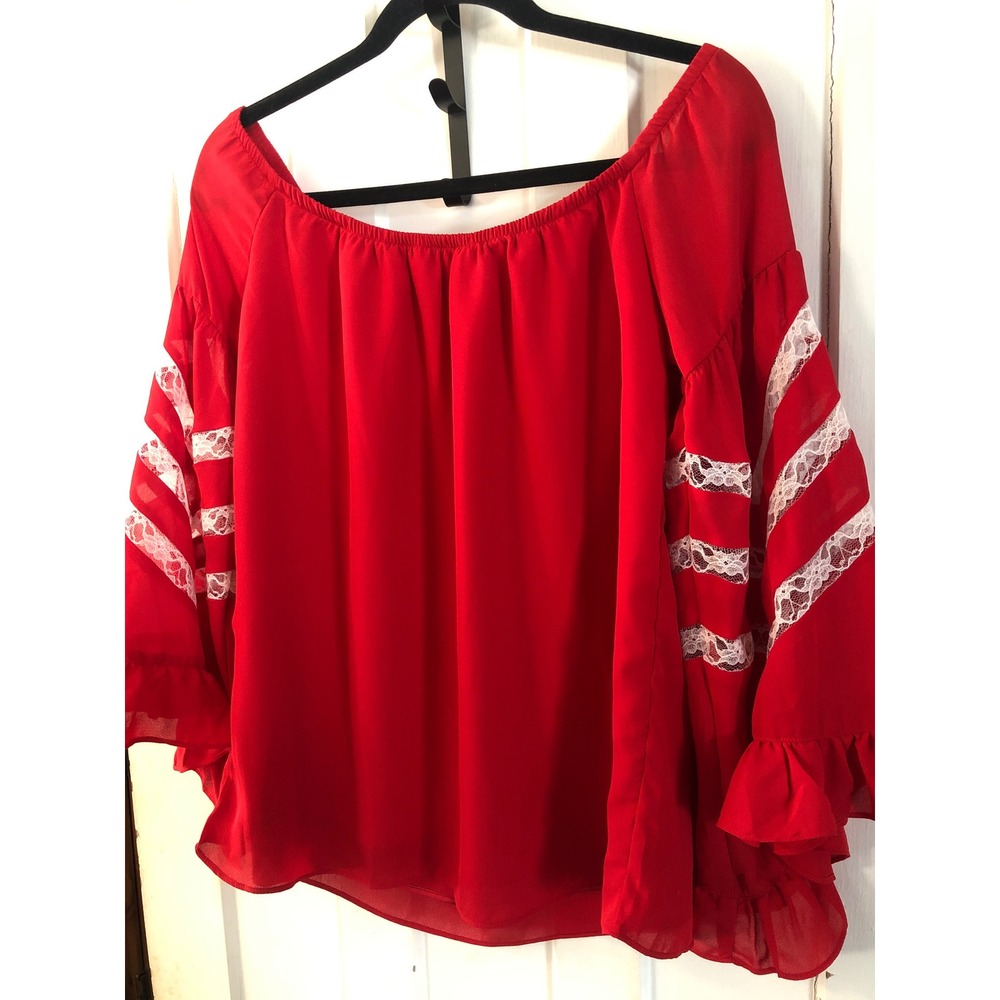 Va Va by Joy Han Red Off Shoulder Lace Trim Bell Sleeve boho top prairie women M